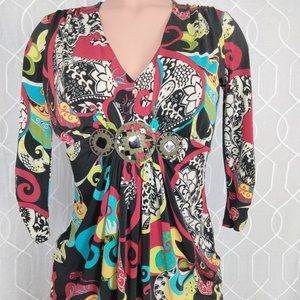 Bisou Bisou 3/4 Sleeve Paisley Top Blouse Size XS